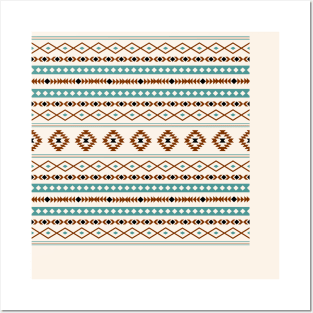 Aztec Teal Terracotta Black Cream Mixed Motifs Pattern Posters and Art